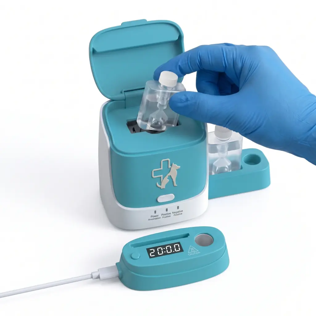 Pluslife Mini Dock para PCR veterinario con mano insertando reactivo en el equipo